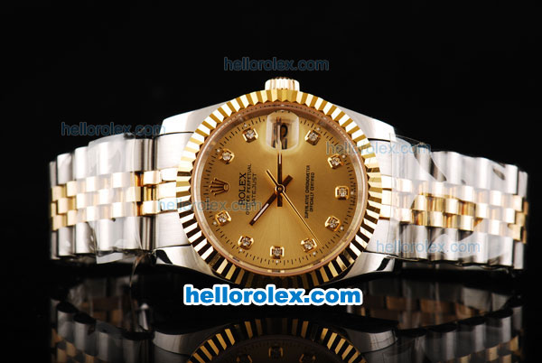 Rolex Datejust Swiss ETA 2836 Automatic Movement 18K Gold Never Fade with Diamonds Markers and Gold Dial-Two Tone - Click Image to Close